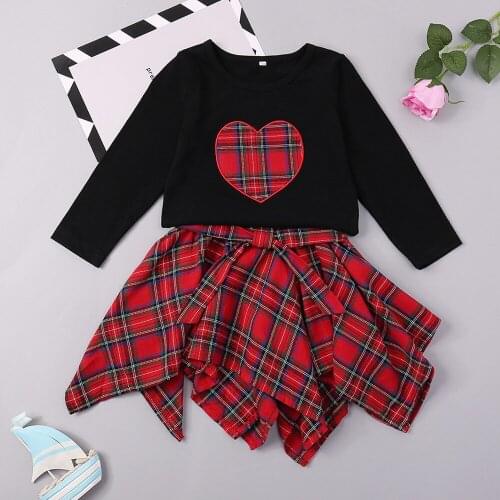 2021New Girs Spring, Fall Dress Red Trellis Hearts Long Sleeves T-Shirt Children’s Lrregular Skirt Dresses 3-To 8-Year-Old Dress
