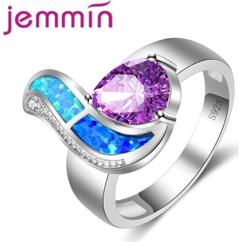 New Unique Design Blue Fire Opal Ring Purple AAA CZ Crystal Pure 925 Sterling Silver Jewelry for Women Wedding Party Accessoies