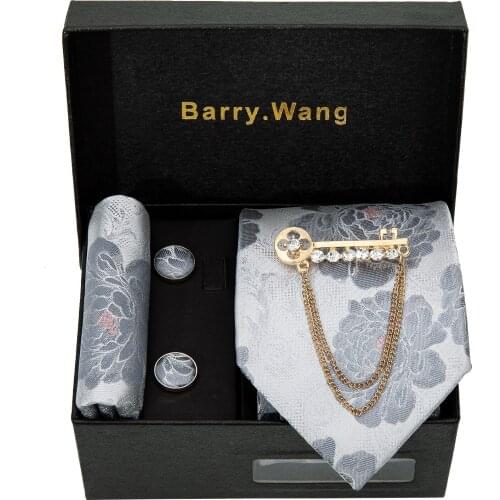 New Fashion Mens Wedding Tie Gray Paisley Silk Tie Hanky Brooch Set Barry.Wang Jacquard Woven Neckties For Men Party Gift Box