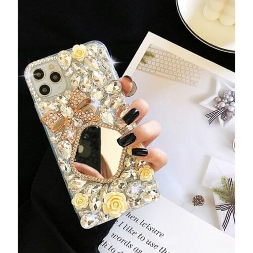 Bling Diamond Rhinestone Yellow Flower Case For iPhone 12 11 Pro MAX X XS XR 7 8 Plus SE2 12 Mini Phone Case Mirror Makeup Bow