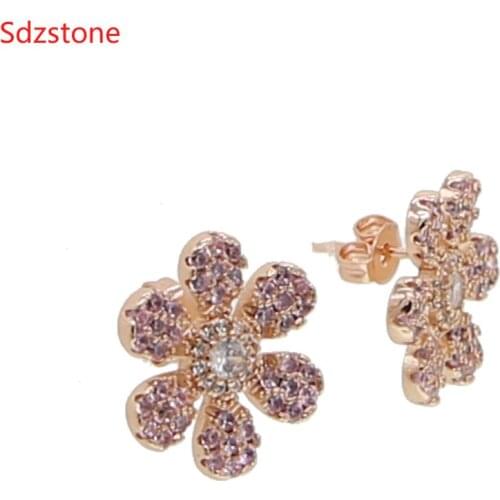 Sdzstone 2020 NEW Rose Gold Pink Stone Dazzling Daisy Stud Earrings With CZ Jewelry ANNIVERSARY SALE Flower Earring