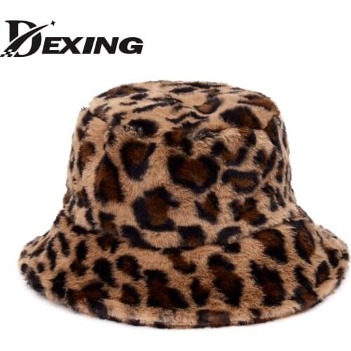 Fashion Winter Leopard Faux Fur Bucket Hats For Women Girl Cow Print Plush velvet Warm Panama Black White Fisherman Hats Bob