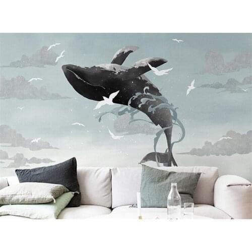 Nordic minimalist mural cartoon hand-painted sky whale wallpaper seascape childrens room animal wallpaper bedroom TV background