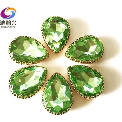 Light green Drop shape top glass crystal lace claw rhinestones,golden base sew on stone for Diy/Clothing accessories HGS15