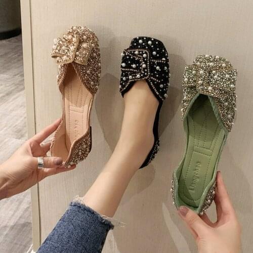 Shallow Mouth Single Shoes Women Flat Bottom 2021 Spring New Rhinestone Bow Square Toe Soft Bottom Peas Shoes Womens Shoes