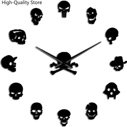 High-Quality Skull Heads DIY Horror Wall Art Giant Wall Clock Big Needle Frameless Zombie Heads Large Wall Watch Halloween Decor