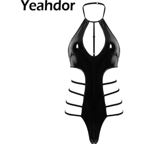 Womens Sexy Bodysuits Halter Neck Sleeveless Low Back Side Cut Out Wet Look Patent Leather Leotard Bodysuit One-piece Clubwear