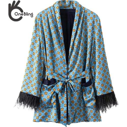 OneBling Feather Cuff Sleeves Geometric Print Women Casual Kimono Jackets Summer Patch Pockets Open Front Female Loose Tops