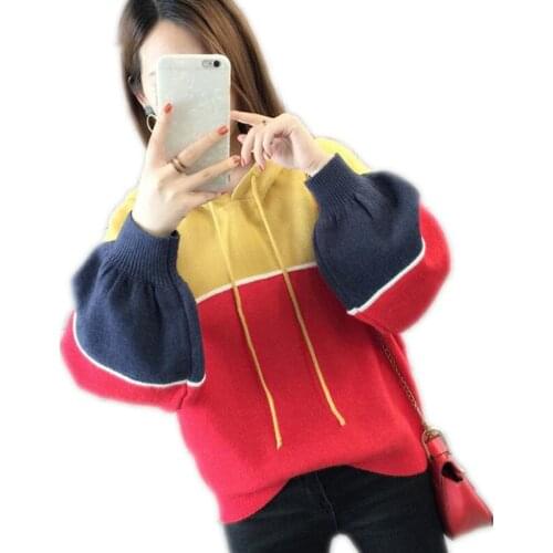 Contrast Color Women Winter Sweater 2019 Long Sleeve Hooded Warm Women Knitwear Jumper Knitted Tops Pullovers Pull Femme Q1085