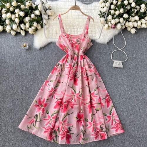 2021 New Summer Women Sexy Backless Spaghetti Strap Dress High Quality Sweet Lily Flowers Print Slim Long Dress