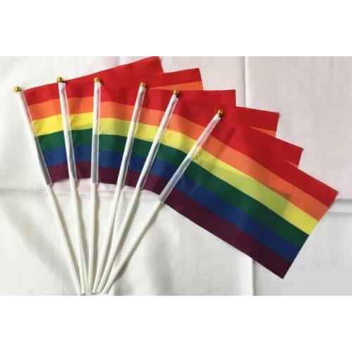 50pcs/lot 14*21Cm aerlemrbrae flag A plastic Stick Rainbow Hand flag/ Car Flags/American flag Lesbian Gay Pride Cheerleading