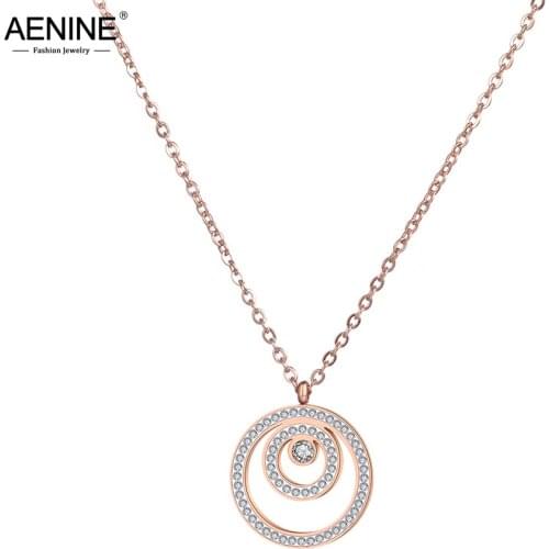 AENINE Trendy Double Circle Clay Rhinestones Pendant Necklaces Rose Gold Stainless Steel Charm Necklace For Girls Women AN18272