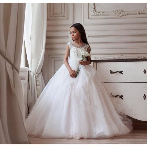 Beige Puffy Flower Girl Dress Beading Tulle Sheer Neck Children Wedding Party Gown First Communion Dress