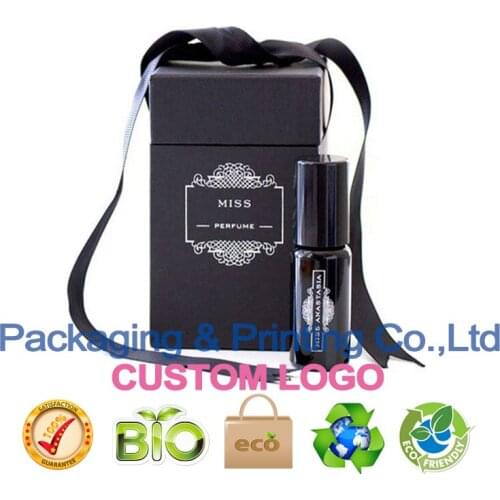 Customized Lip gloss gift box black paper box, bow ribbon packaging