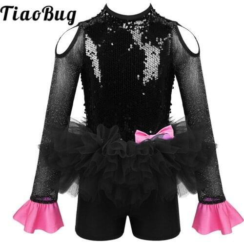 TiaoBug Kids Girls Shiny Sequins Stage Performance Modern Jazz Lyrical Dance Costume Gymnastics Leotard Dress Ballet Jumpsuit