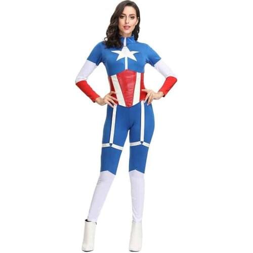 Captain America Role Play Games Costume Superhero Cosplay Women Skinny Zentai Suit Ladies Jumpsuit Role Play Movie Costume