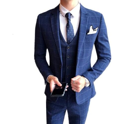 3 Pieces Set Suit Pants Vest / 2021 Fashion New Mens Casual Boutique Business Plaid Jacket Blazers Coat Trousers Waistcoat