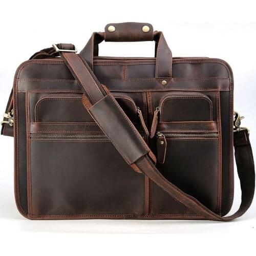 Leather business briefcase top layer cowhide mens Handbags 17-inch laptop bag Crazy horse leather mens shoulder bag