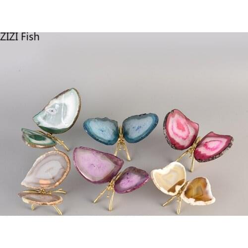 Creative Simple Agate Stone Copper Butterfly Ornaments Luxury Simulation Color Butterfly Crafts Figurines Home Decor Accessories