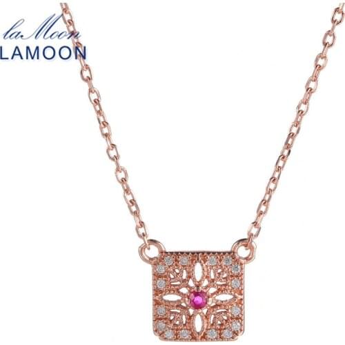 LAMOON 2018 New Square Shape Natural Ruby 925 Sterling Silver Chain Pendant Necklace Rose Gold Color Wedding Jewelry LMNI019