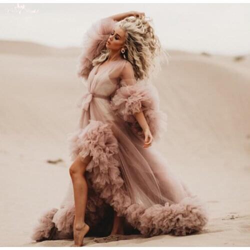 LZY006 Chic See Through Tulle Maternity Dresses For Photo Shoot Puffy Ruffled Organza Photography Robes Plus Size Kimono Custom