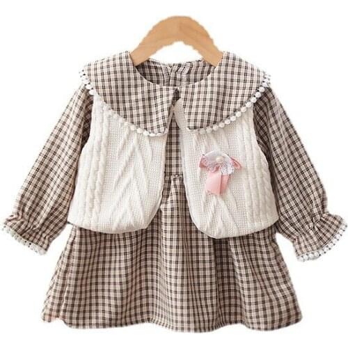 New Autumn Fashion Baby Girl Clothes Suit Spring Toddler Casual Costume Children Vest Plaid Dress 2Pcs/Sets Kids Cute Tracksuits