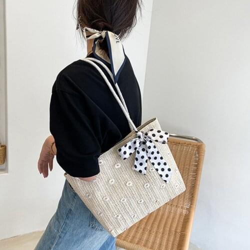 New style straw braided silk scarf one-shoulder handbag ladies large-capacity fashion simple handbags summer travel beach bag