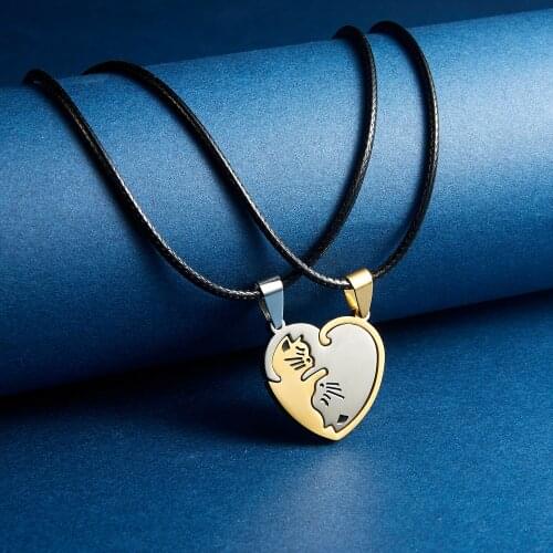 Stainless Steel Heart-shaped Love Black White Gold Kitten Hug Stitching Necklace Yin Yang Tai Chi for Couple Stitching Necklace