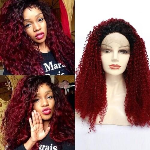 Afro Kinky Curly Black Ombre Two Tone Bug# Wine Red Burgundy Synthetic Lace Front Wig Glueless Heat Resistant Fiber For Women