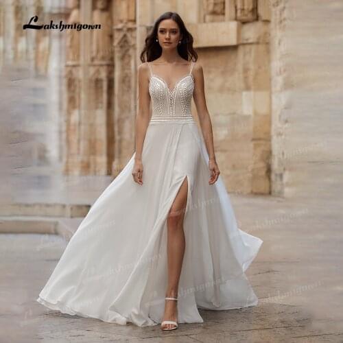 Sexy Spaghetti Straps Boho Wedding Dresses 2021 High Split V-neck Robe Mariee Beach Simple Chiffon Bridal Gowns Backless