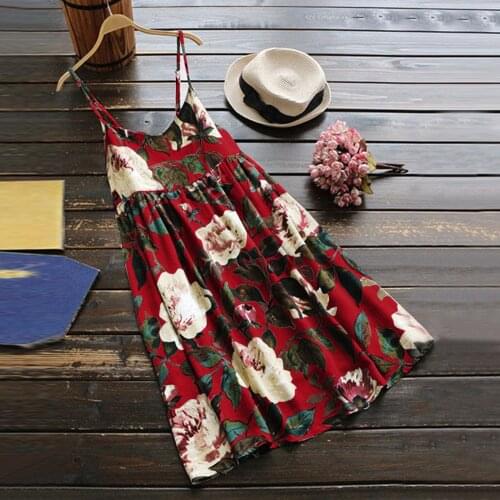 Summer Floral Print Dress Boho Beach Summer Holiday Sundress Women Sleeveless Sling Floral Print Cotton And Linen Female Dress