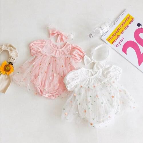 Lovely Princess Romper Dress Baby Girls Summer Two Piece Set Short Sleeve Mesh Flower Jumpsuits + Hair Band for Infants Kids