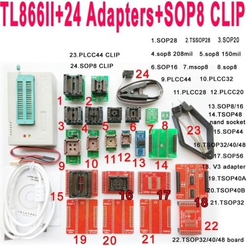 V8.3 XGecu TL866II tl866 ii Plus programmer+24 adapters socket+SOP8 clip 1.8V nand flash 24 93 25 eprom avr mcu Bios program