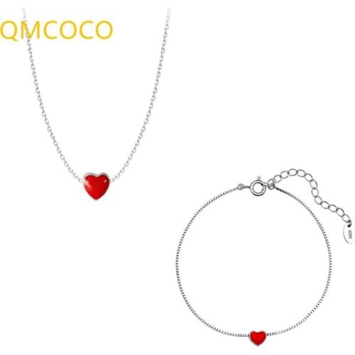 QMCOCO 925 Silver Simple Sweet Elegant Red Heart-Shape Jewelry 2PCS/Set Necklace+Bracelets For Girl Wedding Party Jewelry Gifts