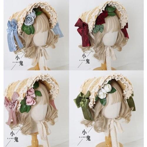 Lolita Lace Bow Sun Hats For Child Wide Brim Straw Beach Side Cap Floppy Female Dome Fringe Straw Hat Women Summer Panama A405