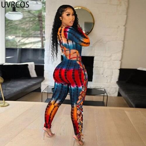 UVRCOS Bulk Items Wholesale Lots Clothing Jumpsuit Women Sexy Hollow Out Lace Up Long Sleeve Slim One Piece Night Club Overalls