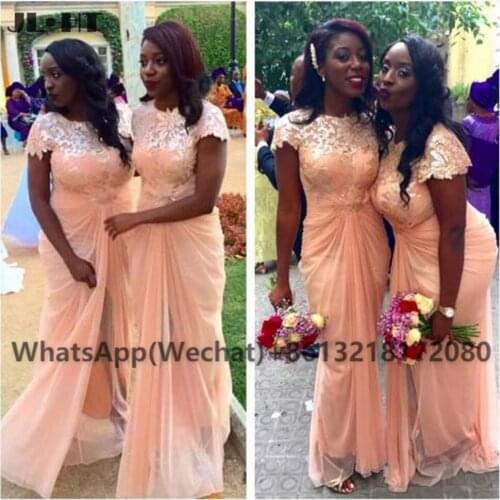 African 2021 Plus Size Bridesmaid Dress Long Lace Pleat Ruched Wedding Party Gown Chiffon Black Womens Bridesmaid Dresses