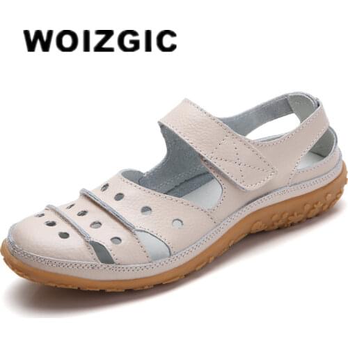 DONGNANFENG Mother Womens Female Ladies Genuine Leather White Shoes Sandals Hook Loop Summer Cool Beach Hollow Soft LLX-9566