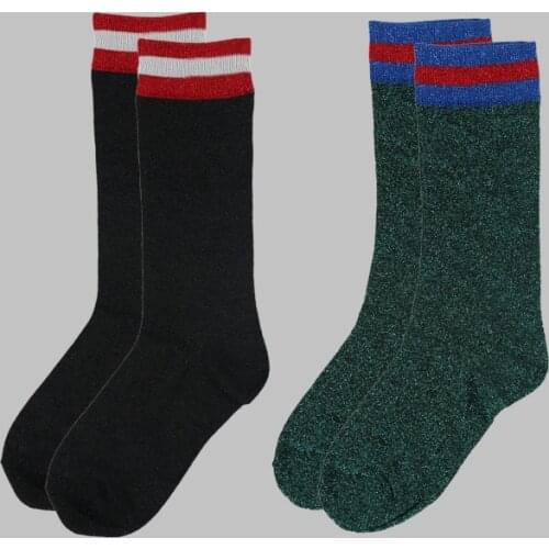 DONG AI 2 Pairs High Quality Long Shining Socks Cotton Comfortable Lurex Sock Girls Fashion All-match Women Soft Elastic Hosiery