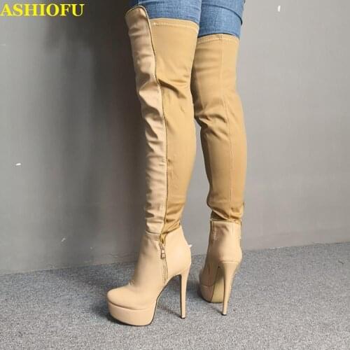 ASHIOFU Handmade New Women Over Knee Boots Patchwork Leather Thigh High Boots Sexy Winter Evening Fashion Club Long Boots Shoes