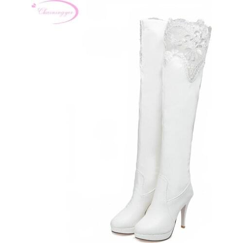 Chainingyee knight round toe over knee high boots fashion embroidery platform high heel women riding boots big size 22~26.5cm
