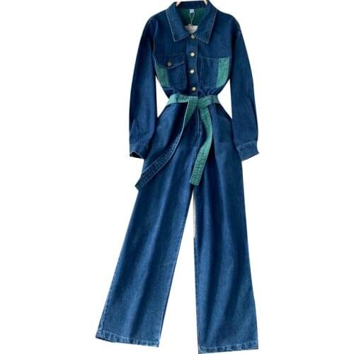WIGADFHK Fashion Womens Denim Jumpsuit Lapel Long Sleeve Buttoned Belt Lace Full Length Casual Workwear 2021 New Fall