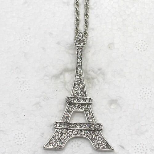 12pcs/lot Wholesale Crystal Rhinestone Fashion Vintage Paris Eiffel Tower Pendant Necklaces Chain Jewelry F101046