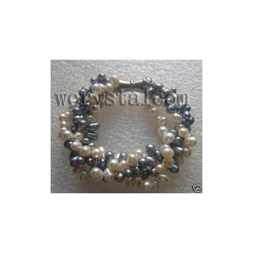 4 Str White Dark Gray Pearls Twisted Bracelet Magnetic