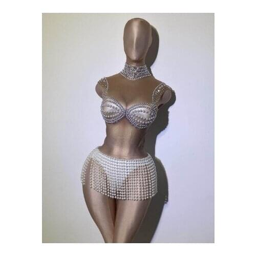 White Pearl Fringe Stones Spandex Bodysuit Sexy singer costume Women Nightclub Bar Prom Birthday Outfit
