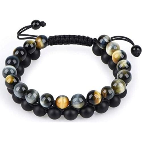 Natural blue tiger eye stone beads lava healing minerals double row bangle handmade macrame bracelet for woman man jewelry