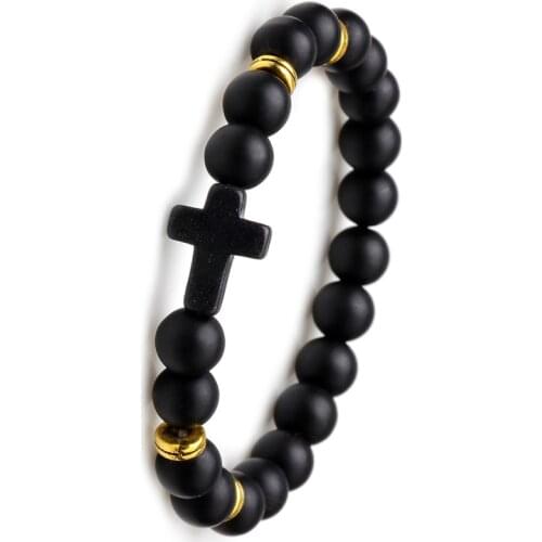Charm Jesus Cross Blue Turquoises Men Bracelet Black Lava Stone White Beads Bracelets Bangles Women Yoga Jewelry