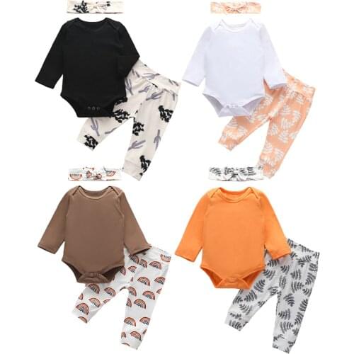 Infant Baby Girls Long-sleeved Romper+ Trousers+ Hairband, Cute Print Cactus Concealed Bottom Button Spring Autumn Clothing