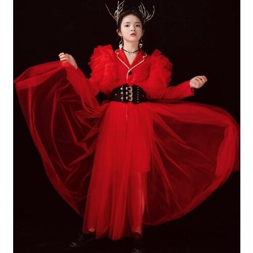 ChildrenS Red Suit Girls Stage Catwalk Costume Shoulder Net Coat Shorts Net Gauze Skirts Beautiful Kids Jazz Clothes XS2418