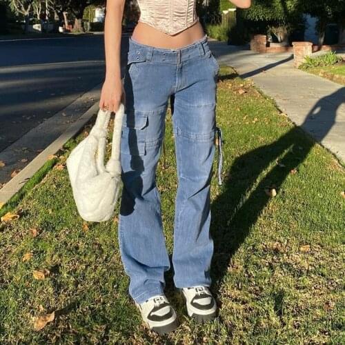 Y2K Blue Jeans Retro Sashes Denim Pants Ruched Drawstring Cargo Pants Women Big Pockets Trousers Women Streetwear Jean